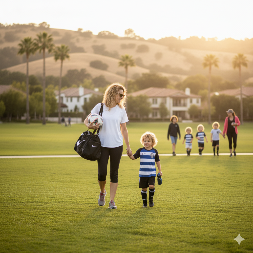 Mother walking with her son on a soccer field